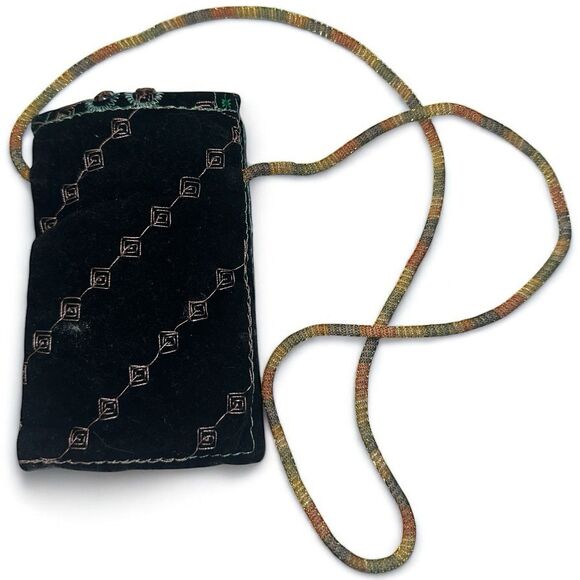 Vintage Velvet Camel Green Embroidered Crossbody Boho Cigarette Case Festival - Picture 6 of 9